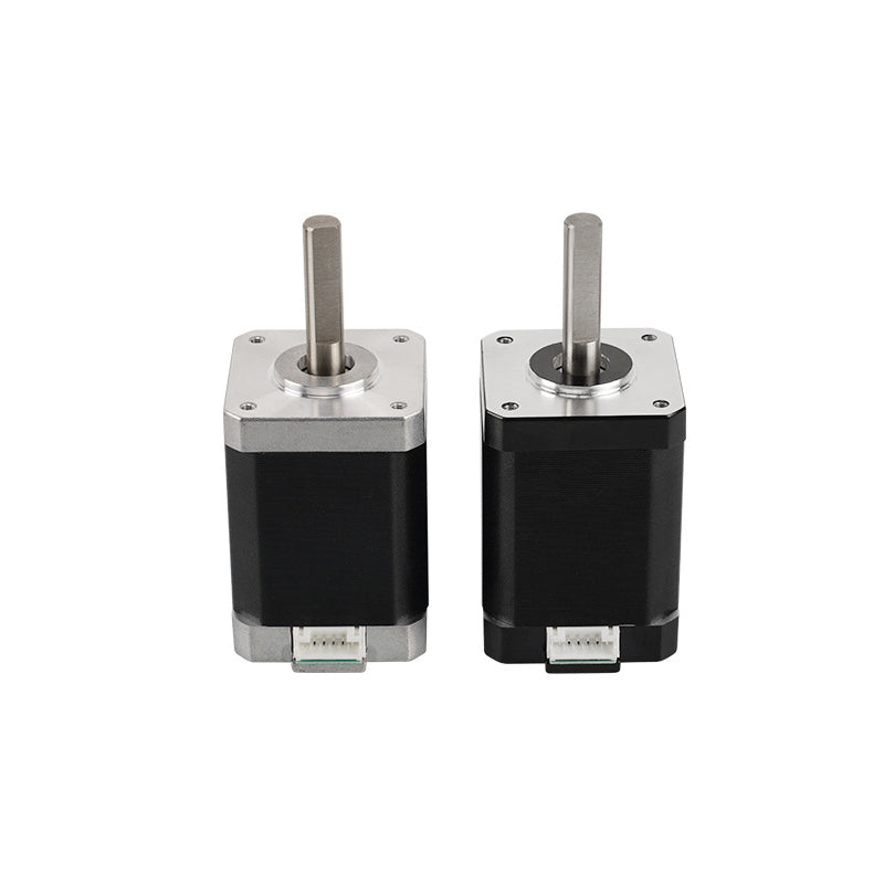 Two 42mm black stepper motors by 3D Printing Perth - Cirrus Link, featuring a 60mm height and a 1.8-degree step angle, are perfect for precision in 3D printing projects. They stand upright with protruding shafts and connectors on a white background.