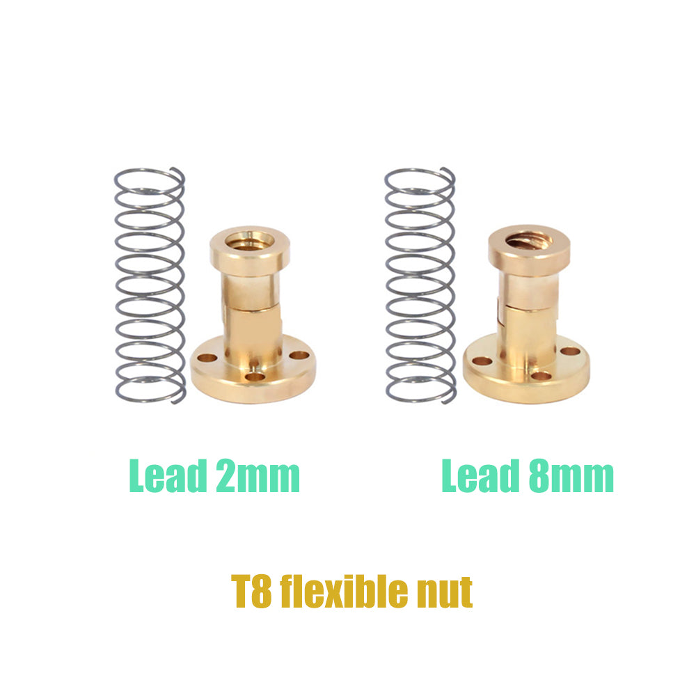 Two ASR T8 Brass Flexible Nuts – H-Type for Z-Axis Elevation, with springs, are displayed side by side; the left is labeled "Lead 2mm," the right "Lead 8mm." These anti-backlash nuts deliver precision motion control.