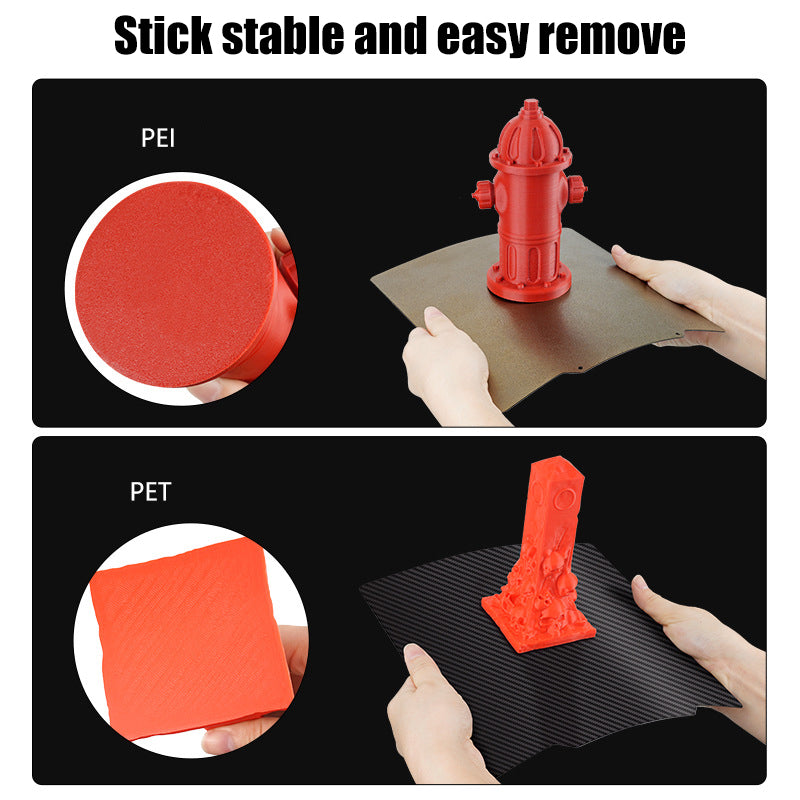 Two images feature sheets from the PEI PET Bed Platform Steel Sheet Magnetic Base by 3D Printing Perth - Cirrus Link. The top image shows a red fire hydrant model on a PEI 3D printer bed, while the bottom displays a red object on a PET-coated bed. Both demonstrate hands effortlessly handling the sheets for easy removal, similar to using a magnetic steel sheet.