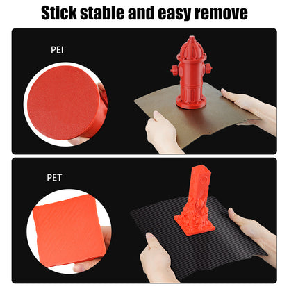 Two images feature sheets from the PEI PET Bed Platform Steel Sheet Magnetic Base by 3D Printing Perth - Cirrus Link. The top image shows a red fire hydrant model on a PEI 3D printer bed, while the bottom displays a red object on a PET-coated bed. Both demonstrate hands effortlessly handling the sheets for easy removal, similar to using a magnetic steel sheet.