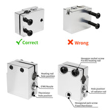 Diagram illustrating correct and incorrect assembly of the 3D Printing Perth - Cirrus Link 6063 Aluminum Volcano Heat Block for PT100 Sensor, showcasing labeled screw and hole positions. The durable aluminum ensures precise PT100 Volcano sensor placement within the heat block.