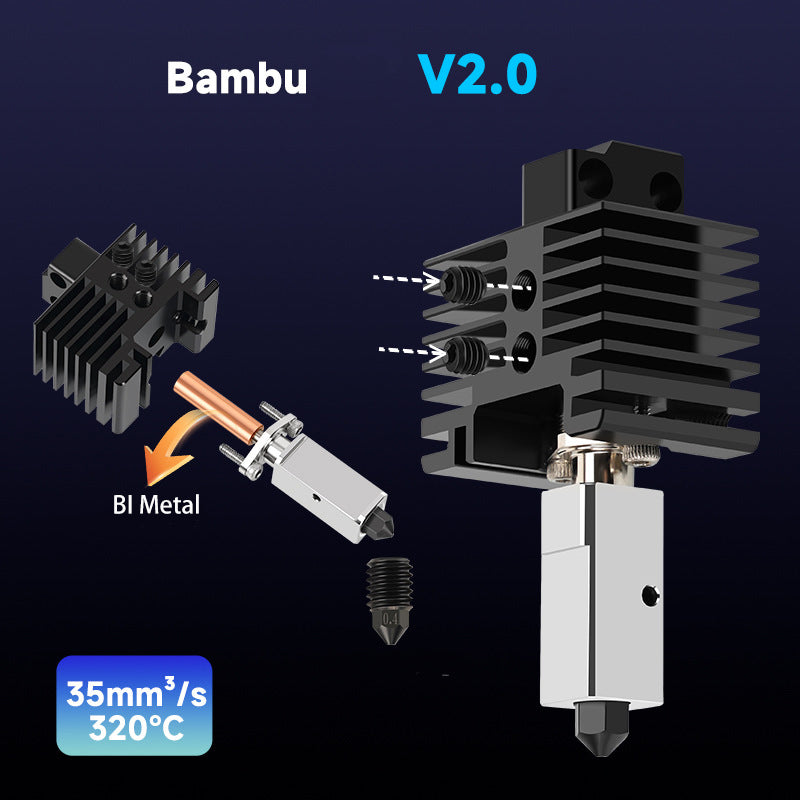 Image of the Bambu Lab X1C P1P Extruder V2.0 from 3D Printing Perth - Cirrus Link, showcasing a BI Metal design. An arrow indicates disassembly. It's ideal for a 35mm³/s flow rate and up to 320°C temperature, perfect with the heater & thermistor or as a spare nozzle.