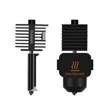 These two black interchangeable nozzles, crafted by 3D Printing Perth - Cirrus Link for the Bambu Lab A1 Mini Hotend (49x165x21mm), are equipped with advanced temperature management features. One nozzle is marked "0.4mm," while the other includes a "Caution Hot" label and a heat warning icon to ensure safe 3D printing operations.