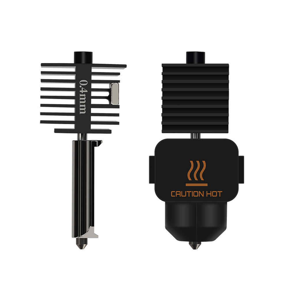 These two black interchangeable nozzles, crafted by 3D Printing Perth - Cirrus Link for the Bambu Lab A1 Mini Hotend (49x165x21mm), are equipped with advanced temperature management features. One nozzle is marked "0.4mm," while the other includes a "Caution Hot" label and a heat warning icon to ensure safe 3D printing operations.