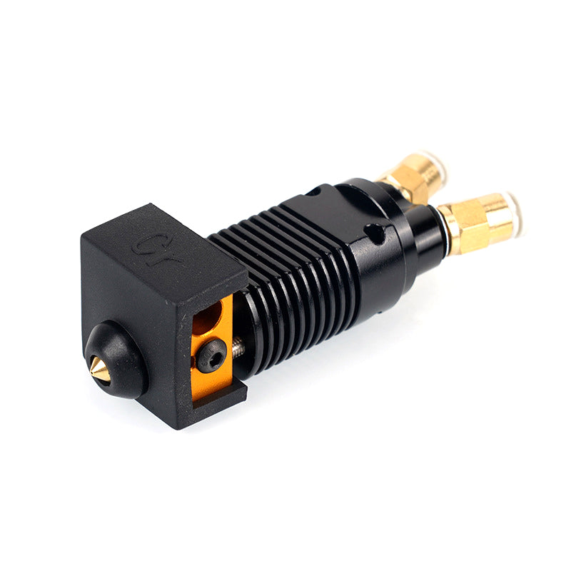 Close-up of a 3D Printing Perth - Cirrus Link Two Color 2 in 1 Out Mixing Extruder for CR10 and Ender 3, showcasing a black and gold design complete with two metal fittings on one end, ideal for creating stunning multi-color prints.