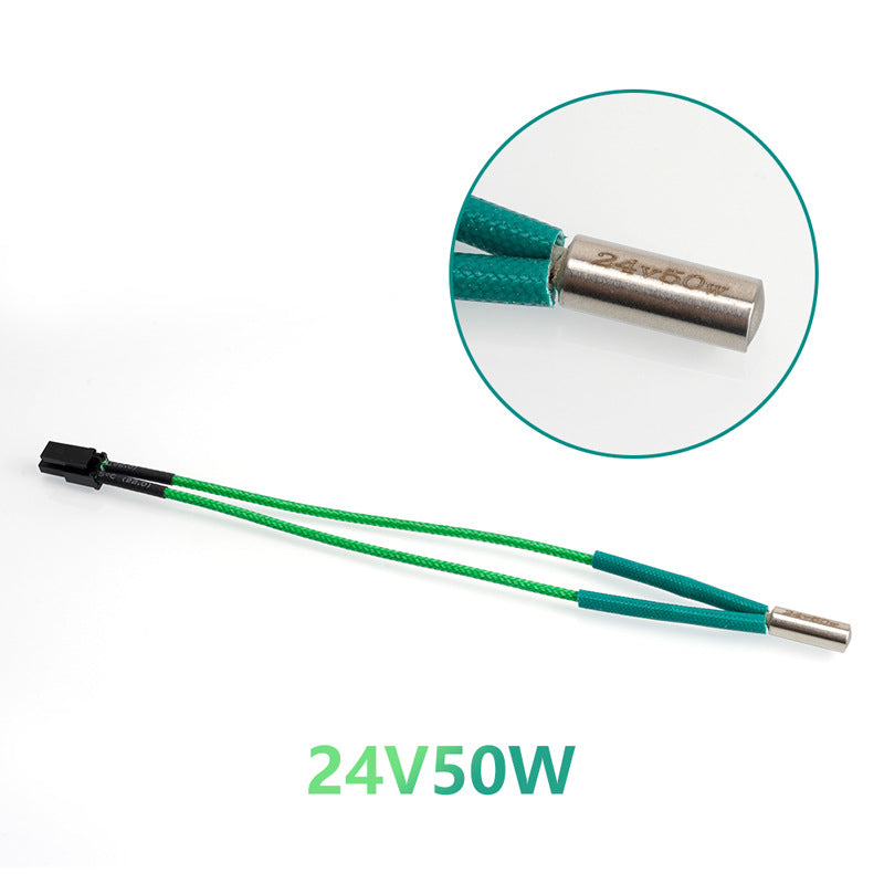 Voron Green 24V 50W/65W 15cm Heating Rod for 3D Printers by 3D Printing Perth - Cirrus Link, featuring green and black wires, metal cylindrical body, "24V50W" label, and a black connector. Close-up of the label is also shown.