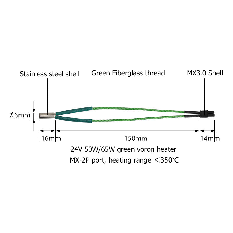 Diagram of the Voron Green 24V 65W 15cm Heating Rod for 3D printers by 3D Printing Perth - Cirrus Link, showing fiberglass threading, stainless steel shell, MX3.0 connector, dimensions labeled; heating range is under 350°C.