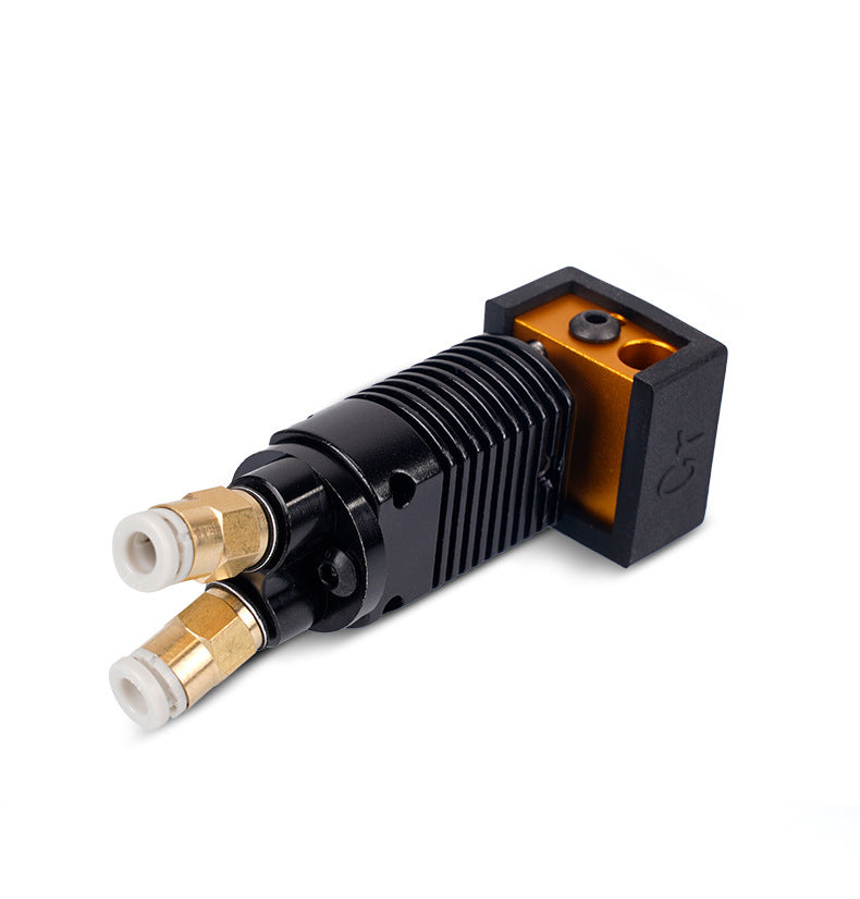 A black and orange Two Color 2 in 1 Out Mixing Extruder by 3D Printing Perth - Cirrus Link, featuring two protruding metal connectors on one end, ideal for CR10/S/Ender3 setups.