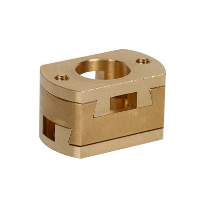 The Oldham Coupler T8 Z Axis Screw Upgrade by 3D Printing Perth - Cirrus Link features a brass rectangular design with central and screw holes, ideal for BLV Ender 3 Creality machines as a precision 3D printer accessory.