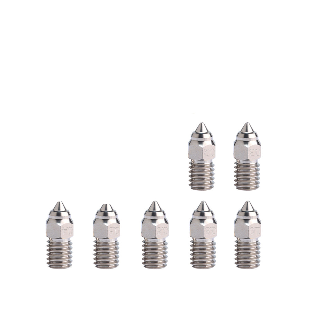 Seven ASR metallic nozzle tips, including the Creality High-Speed CuCrZr Alloy Nozzle for Ender & K1, are displayed in two uneven rows on a plain white background.