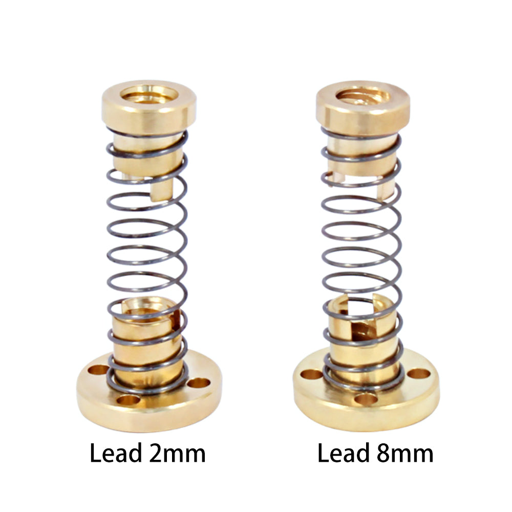 Two ASR T8 Brass Flexible H-Type Lead Nuts for Z-Axis Elevation are shown side by side, labeled "Lead 2mm" (left) and "Lead 8mm" (right), each designed for smooth, precise motion with built-in anti-backlash features.
