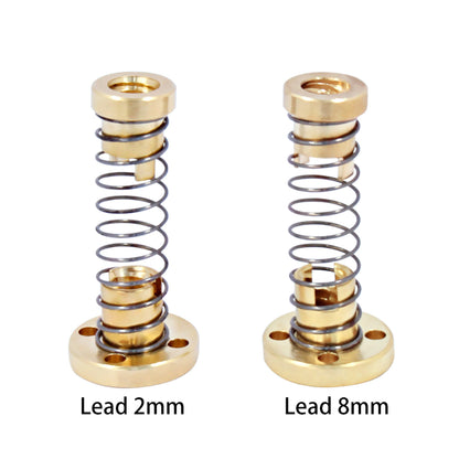 Two ASR T8 Brass Flexible H-Type Lead Nuts for Z-Axis Elevation are shown side by side, labeled "Lead 2mm" (left) and "Lead 8mm" (right), each designed for smooth, precise motion with built-in anti-backlash features.