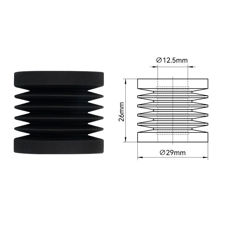 The black rubber accordion bushing, shown with a technical drawing, has dimensions of 12.5mm inner diameter, 26mm height, and 29mm outer diameter—perfect for enhancing stability in your Bambu Lab X1C P1P Extruder V2.0 setup by 3D Printing Perth - Cirrus Link or stabilizing 3D projects.
