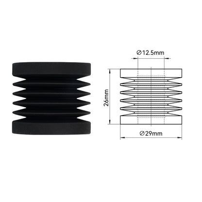 The black rubber accordion bushing, shown with a technical drawing, has dimensions of 12.5mm inner diameter, 26mm height, and 29mm outer diameter—perfect for enhancing stability in your Bambu Lab X1C P1P Extruder V2.0 setup by 3D Printing Perth - Cirrus Link or stabilizing 3D projects.