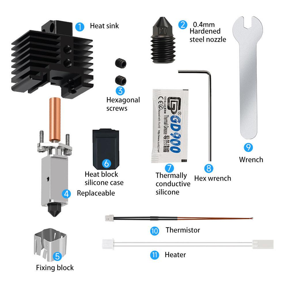 Bambu Lab X1C/P1P Extruder V2.0 by 3D Printing Perth includes a hardened steel hot end, spare nozzle, heater thermistor set, heat sink, silicone case, hexagonal screws, and a hex wrench.