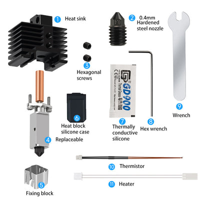 Bambu Lab X1C/P1P Extruder V2.0 by 3D Printing Perth includes a hardened steel hot end, spare nozzle, heater thermistor set, heat sink, silicone case, hexagonal screws, and a hex wrench.