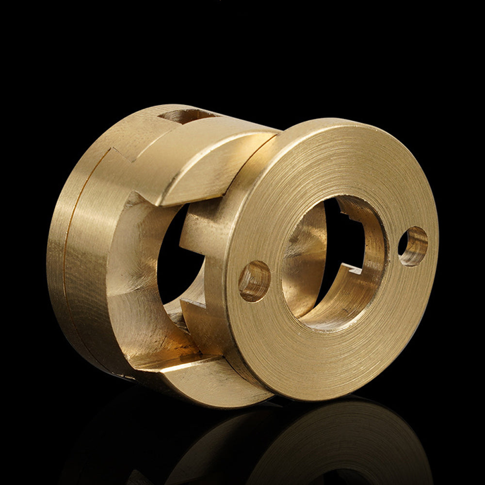 A close-up of the 3D Printing Perth - Cirrus Link Oldham Coupler and T8 Z-Axis Screw Upgrade for Ender 3 BLV Correction, a precision brass component with circular cutouts and screw holes, shown on a black background.