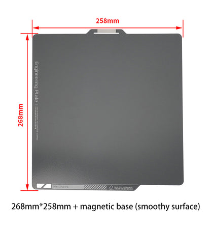 Image of a 268mm x 258mm square Bambu Lab X1 Magnetic Steel Print Surface by 3D Printing Perth - Cirrus Link, featuring arrows highlighting its dimensions and smooth surface, perfect for precision projects.
