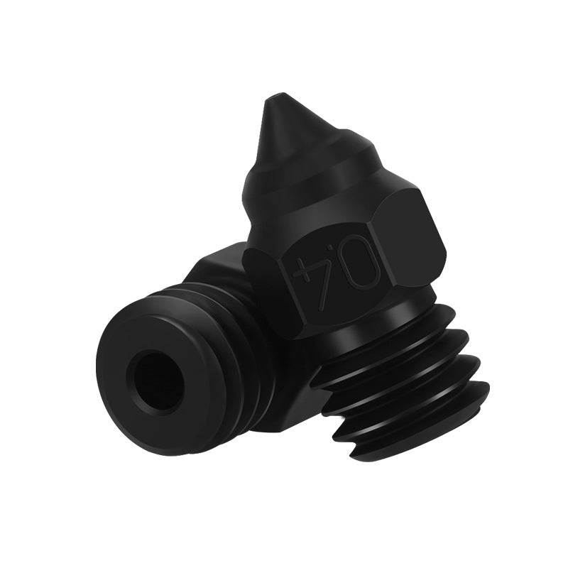 The black hardened die steel nozzle for Creality Ender-3 CR-6 by 3D Printing Perth - Cirrus Link features threading, a pointed tip with precision markings, and is isolated on a white background.