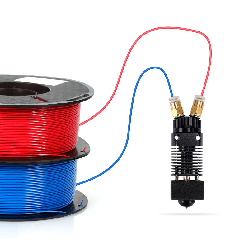 Two spools of red and blue filament are fed into the 3D Printing Perth - Cirrus Link's "Two Color 2 in 1 Out Mixing Extruder for CR10 and Ender 3," blending seamlessly through its system to create stunning multi-color prints.