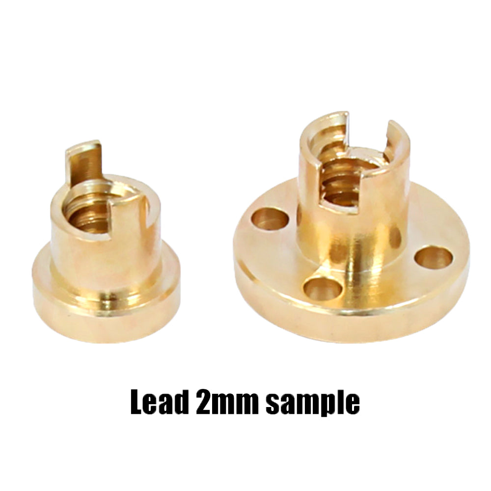 Two ASR T8 Brass Flexible Nuts (H-Type) for Z-axis elevation, each with threaded holes and side slots, labeled "Lead 2mm sample"—ideal as T8 flexible nuts in precision motion systems.