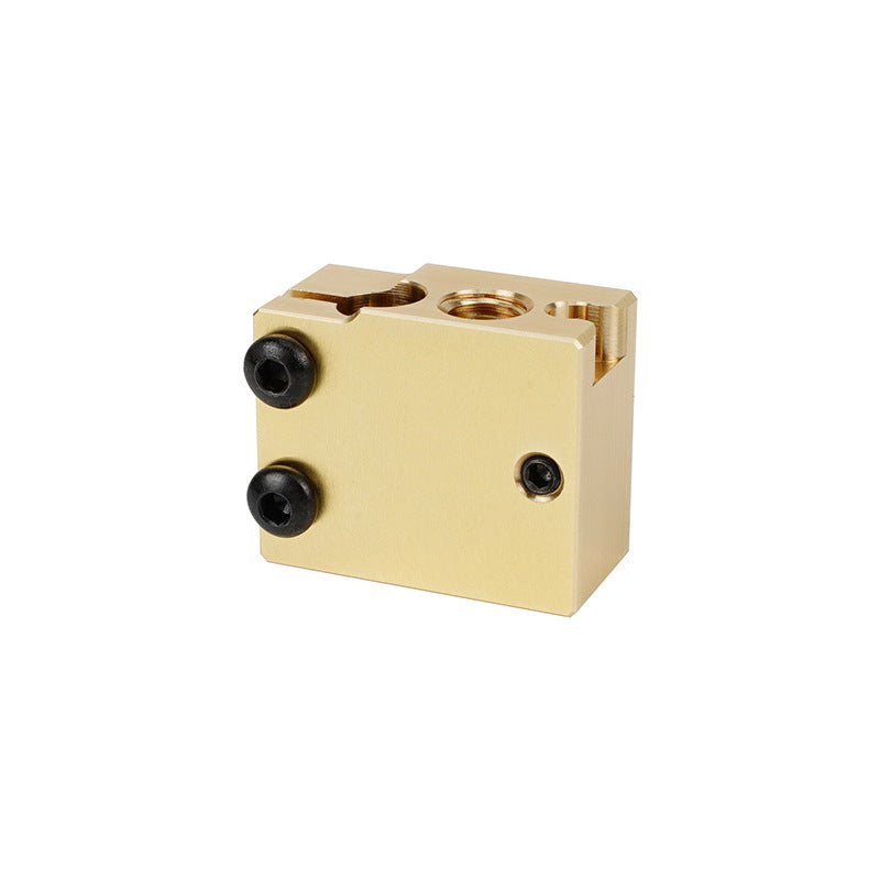 The Brass PT100 Volcano Heat Block New Version by 3D Printing Perth - Cirrus Link is a precision-crafted gold-colored brass component featuring two black screws and multiple holes, ideal for machinery or electronics integration with PT100 sensors.