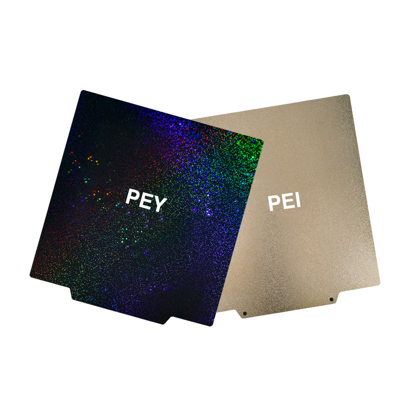 The Dual-Sided PEI/PEY Build Plate Reflective Finish (No Magnet Base) from 3D Printing Perth - Cirrus Link displays a rainbow-speckled PEY side and a gold-finish PEI side, showcasing versatile 3D printer build platform options.