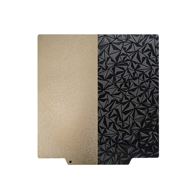 The PEI PEO Dual-Sided 3D Printer Build Surface by 3D Printing Perth - Cirrus Link features a gold textured side on the left and a black geometric patterned side on the right, both designed to ensure optimal adhesion for 3D printing surfaces.
