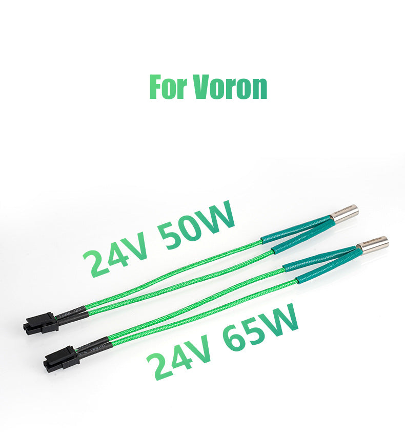 Two green 15cm Voron Heating Rods (24V 50W & 65W) by 3D Printing Perth - Cirrus Link shown with connectors on a white background. Ideal for upgrading your Voron 3D printer.