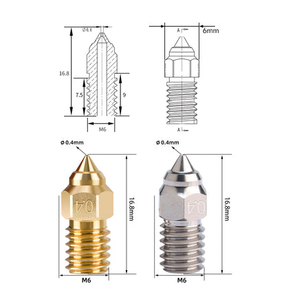 Two ASR Creality High-Speed CuCrZr Alloy Nozzles for Ender & K1 printers—a brass and a stainless steel option—are shown with technical drawings, 0.4mm nozzle diameter, 16.8mm length, and high-temperature compatibility.