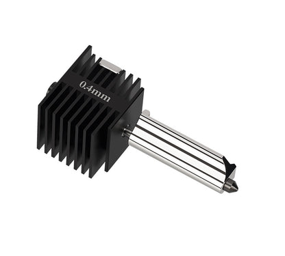 This Bambu Lab A1 Mini Hotend by 3D Printing Perth - Cirrus Link features a 0.4mm nozzle with advanced temperature management. It includes a black heatsink and metallic feed tube, all set against a white background.