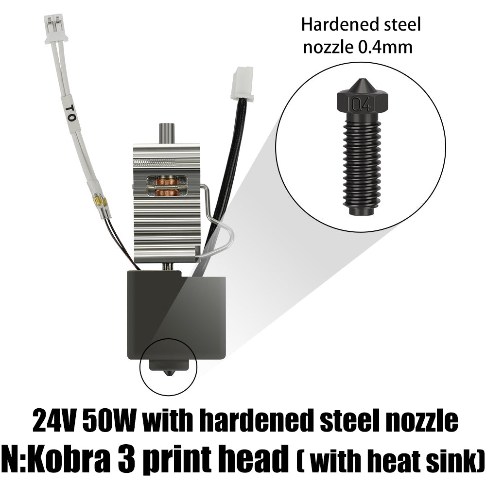 The Anycubic Kobra 3 Hardened Die Steel 0.4mm Nozzle with Heat Sink by 3D Printing Perth - Cirrus Link is ideal for precise 3D printing, operating at 24V and 50W. The image showcases the nozzle's intricate details.