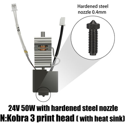 The Anycubic Kobra 3 Hardened Die Steel 0.4mm Nozzle with Heat Sink by 3D Printing Perth - Cirrus Link is ideal for precise 3D printing, operating at 24V and 50W. The image showcases the nozzle's intricate details.