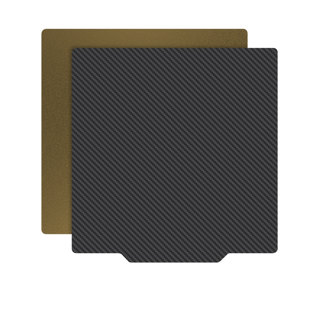 Two stacked square textures: the top one in a dark brown with a subtle pattern, and the bottom in a lighter brown with a smooth finish, reminiscent of the refined layers found in the PEI PET Bed Platform Steel Sheet Magnetic Base by 3D Printing Perth - Cirrus Link.