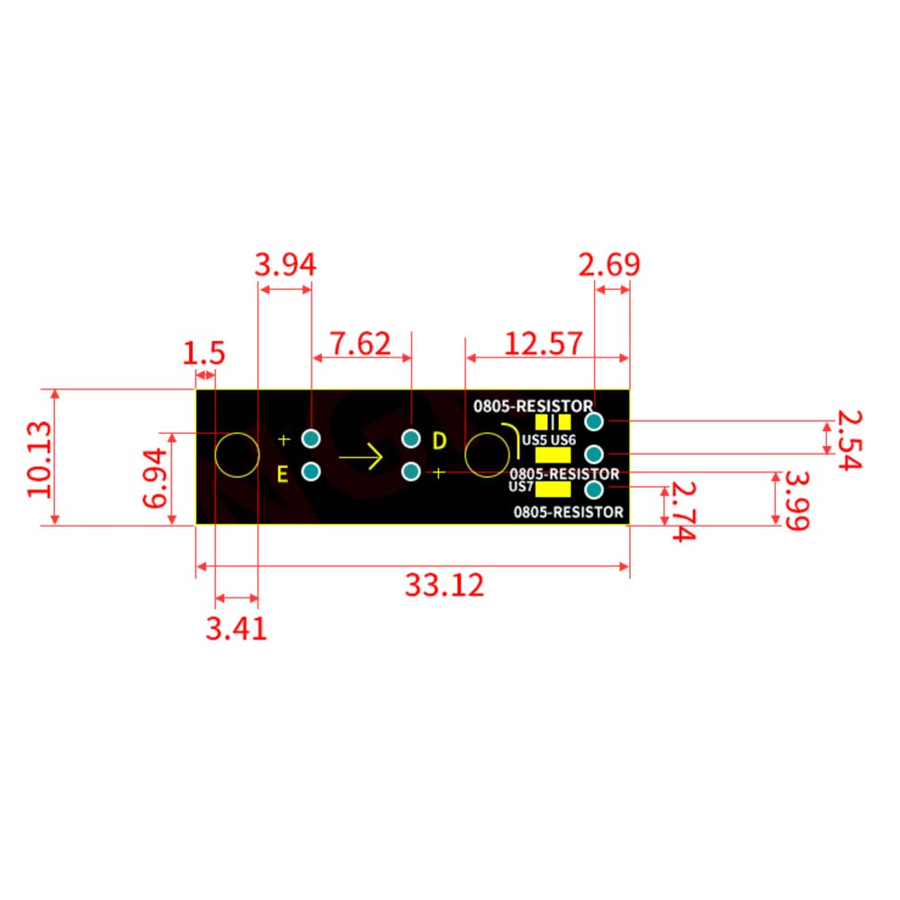 Technical diagram of the Optical Endstop with 3 Pin 50CM Cable for Limit Control by Cirrus Link, detailing dimensions and component placements including resistors, a USB connector, and an optical switch for 3D printer integration.