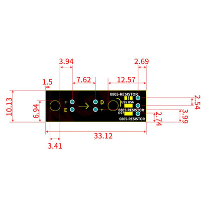 Technical diagram of the Optical Endstop with 3 Pin 50CM Cable for Limit Control by Cirrus Link, detailing dimensions and component placements including resistors, a USB connector, and an optical switch for 3D printer integration.