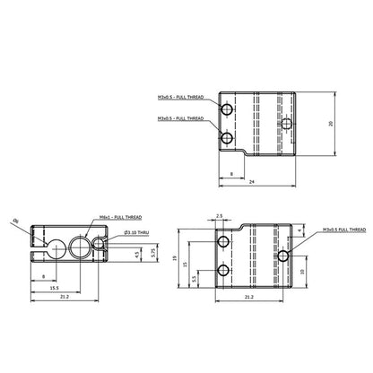 A technical drawing showcases the 6063 Aluminum Volcano Heat Block for PT100 Sensor by 3D Printing Perth - Cirrus Link, with dimensions, measurements, and specifications for machining and assembly.