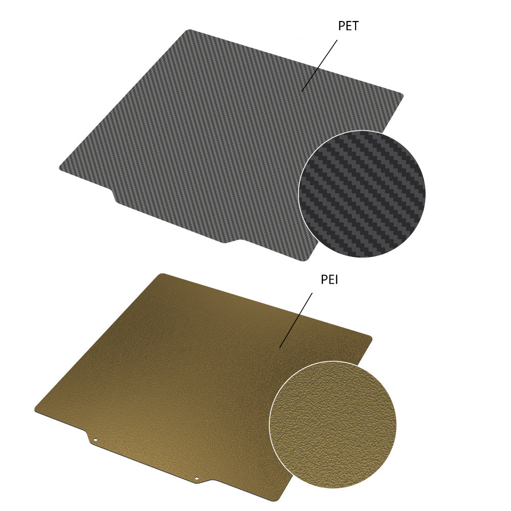 The PEI PET Bed Platform Steel Sheet Magnetic Base by 3D Printing Perth - Cirrus Link features two textured layers: a top layer with a carbon fiber pattern labeled "PET Coated Bed," and a bottom layer with a gold-tone finish labeled "PEI 3D Printer Bed." Close-up insets highlight the textures, making it perfect for enhancing your 3D printing experience when used on a magnetic steel sheet setup.