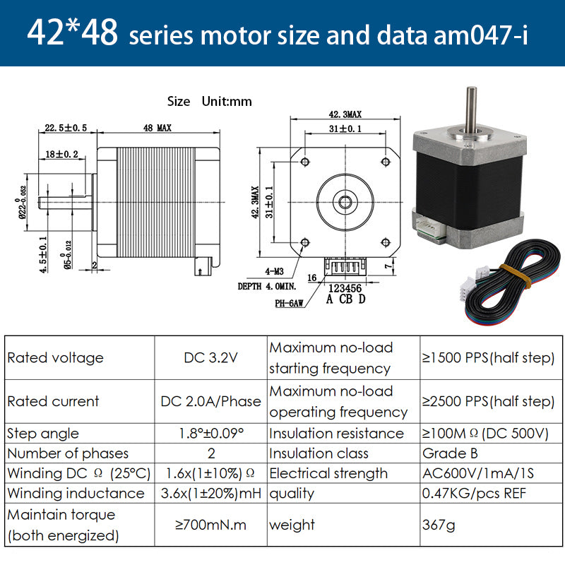 Check out the technical diagram for the high-performance 42 Stepper Motor, 48mm height, 1.8° step angle, by 3D Printing Perth - Cirrus Link. It's ideal for 3D printing and includes dimensions, wiring diagrams, and specs like voltage, current, resistance, and torque.