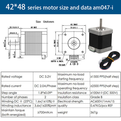 Check out the technical diagram for the high-performance 42 Stepper Motor, 48mm height, 1.8° step angle, by 3D Printing Perth - Cirrus Link. It's ideal for 3D printing and includes dimensions, wiring diagrams, and specs like voltage, current, resistance, and torque.