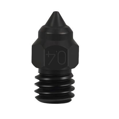 Hexagonal grip black nozzle with threaded base made from hardened die steel, designed for Creality Ender-3 CR-6, offers precision and durability in high-temperature 3D printing. Ideal for the CR-6SE, this product comes from 3D Printing Perth - Cirrus Link.