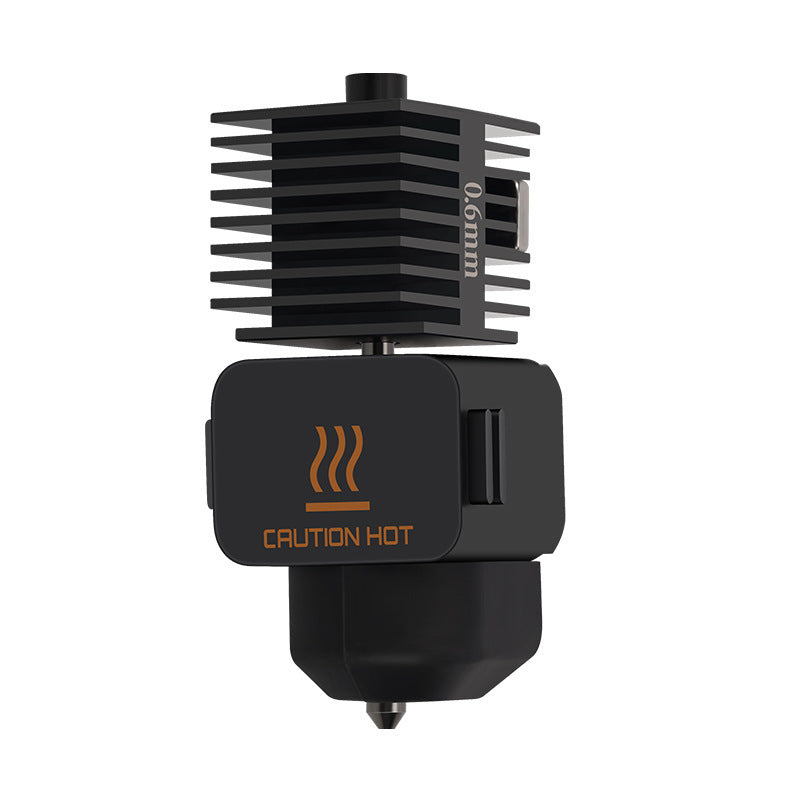 The Bambu Lab A1 Mini Hotend 49x165x21mm from 3D Printing Perth - Cirrus Link is a black 3D printer hotend featuring an effective heat sink, nozzle, and a warning label stating "Caution Hot." Ideal for 3D printing enthusiasts, it offers advanced temperature management for precise and dependable performance.