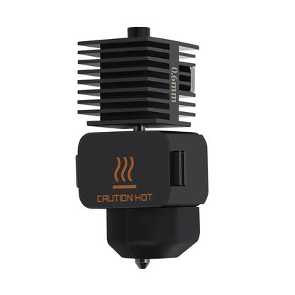 The Bambu Lab A1 Mini Hotend 49x165x21mm from 3D Printing Perth - Cirrus Link is a black 3D printer hotend featuring an effective heat sink, nozzle, and a warning label stating "Caution Hot." Ideal for 3D printing enthusiasts, it offers advanced temperature management for precise and dependable performance.