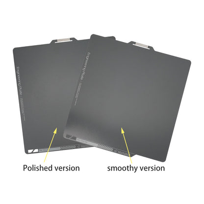 Two gray engineering plates labeled "Polished version" and "Smoothy version," with arrows pointing to each, highlight the smooth surface finish achievable with the Bambu Lab X1 Magnetic Steel 268*258mm Print Surface by 3D Printing Perth - Cirrus Link.
