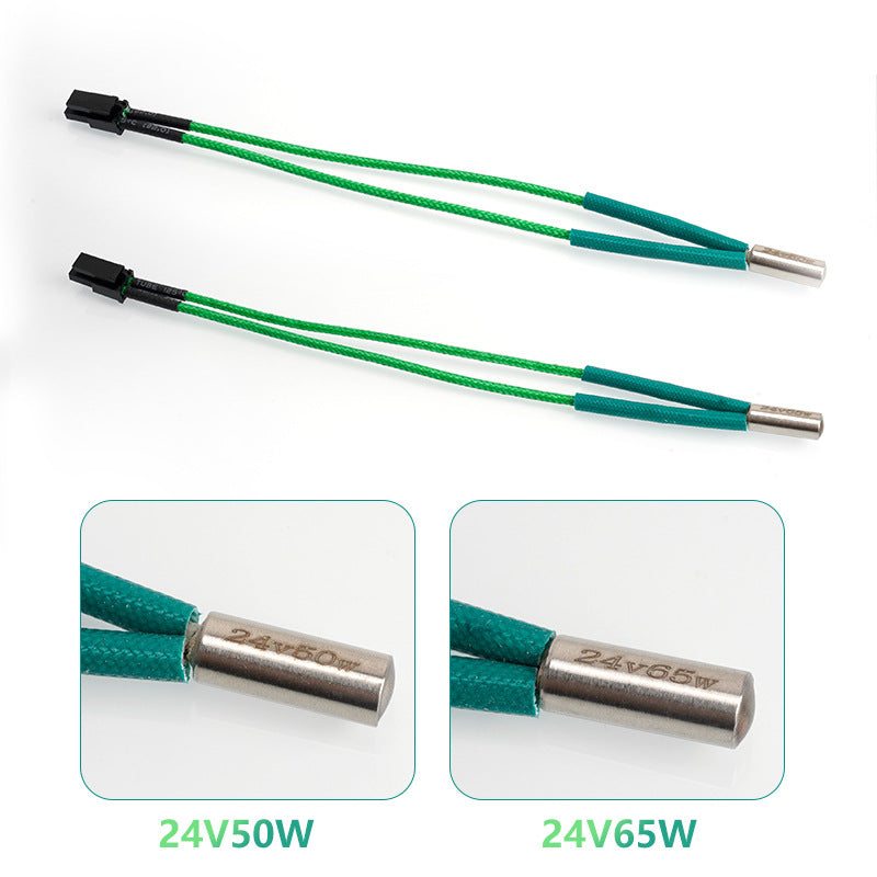Close-up images display two green wired 3D Printing Perth - Cirrus Link Voron Green 24V 65W 15cm heating rods with connectors, ideal for use as Voron or general 3D printer heating rods.