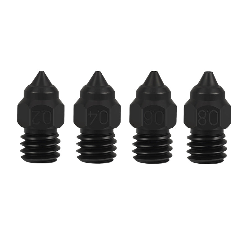 Four black nozzle tips, engraved with sizes 0.2, 0.4, 0.6, and 0.8, are aligned side by side to highlight the precision and durability of the Hardened Die Steel Nozzle for Creality Ender-3 CR-6 from 3D Printing Perth - Cirrus Link, suitable for demanding 3D printing tasks.