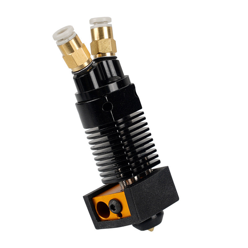 Close-up of the 3D Printing Perth - Cirrus Link Two Color 2 in 1 Out Mixing Extruder for CR10 and Ender 3, featuring dual connectors and a heat sink, ideal for producing vibrant multi-color prints.