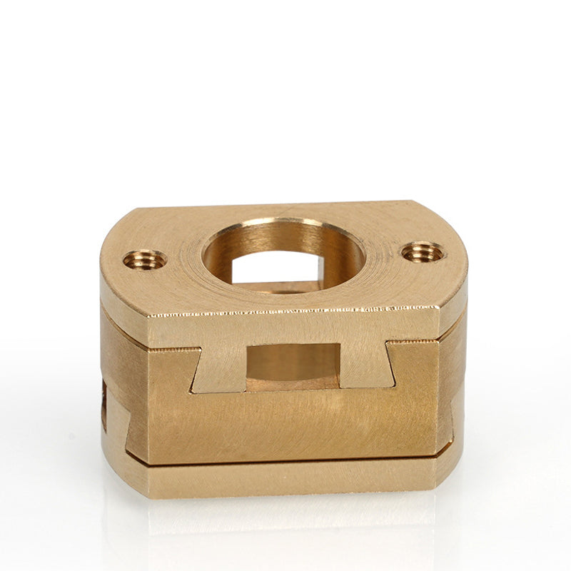 The Oldham Coupler T8 Z Axis Screw Upgrade by 3D Printing Perth - Cirrus Link is a precision-machined brass accessory for BLV Ender 3 Creality, with a central hole, two threaded side holes, and angular edges, shown on a white background.