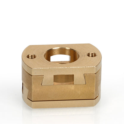 The Oldham Coupler T8 Z Axis Screw Upgrade by 3D Printing Perth - Cirrus Link is a precision-machined brass accessory for BLV Ender 3 Creality, with a central hole, two threaded side holes, and angular edges, shown on a white background.