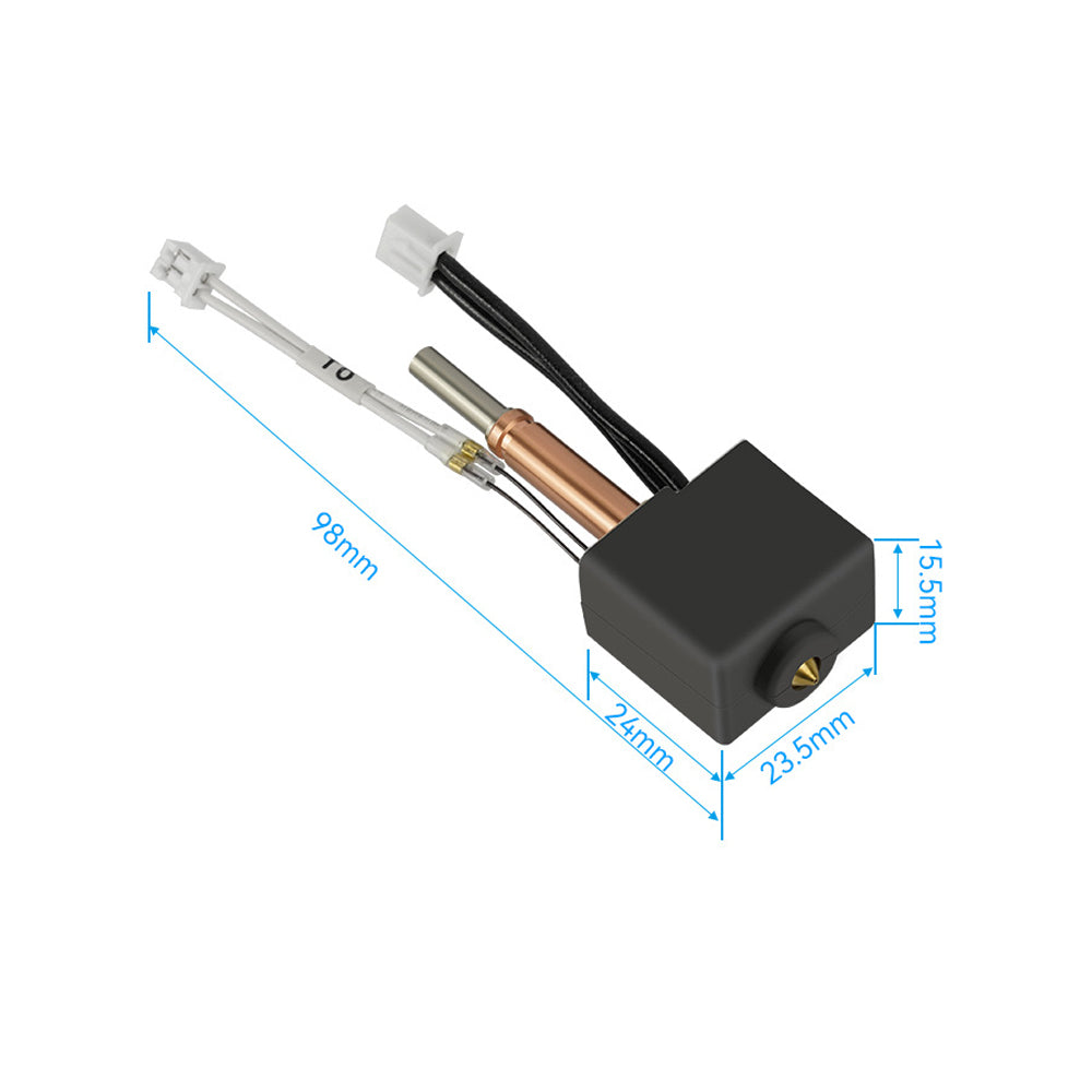 The Anycubic Kobra 3 by 3D Printing Perth - Cirrus Link features wires and connectors with compact dimensions of 98mm x 24mm x 23.5mm and includes a no heat sink brass nozzle with a precision of 0.4mm for precise applications.